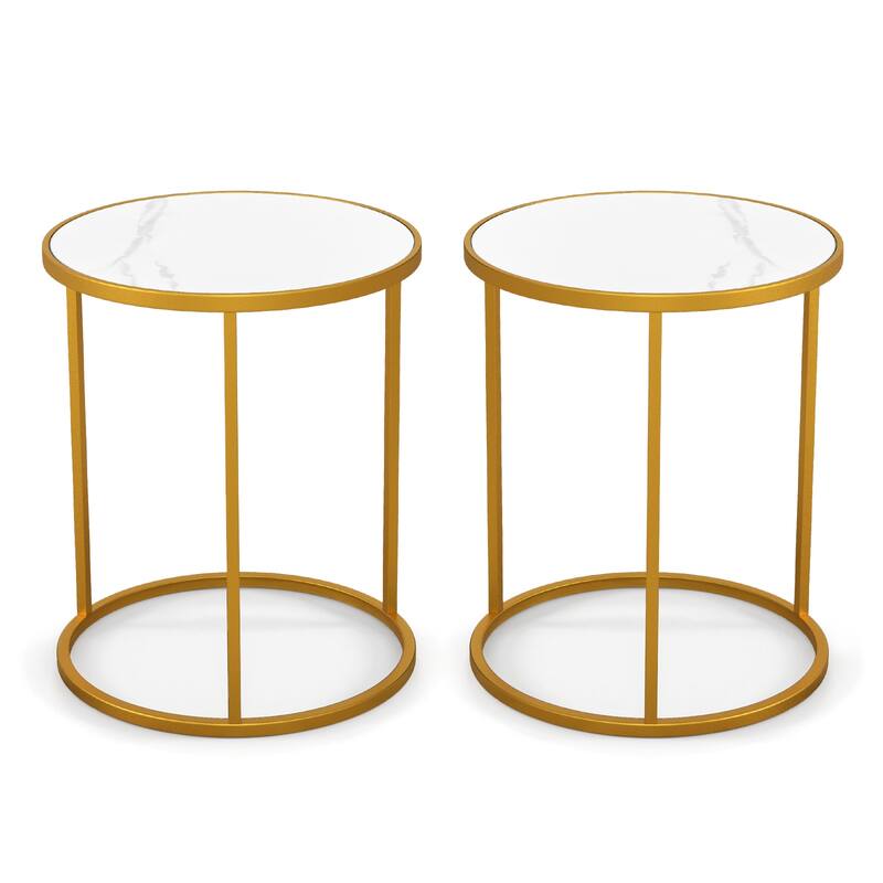 16 Inch Marble Top Round Side Table with Golden Metal Frame for Living Room Bedroom