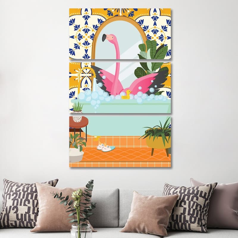 iCanvas "Flamingo In Boho Bathroom With Moroccan Tile" by Jania Sharipzhanova 3-Piece Canvas Wall Art Set - 60x40x1.5