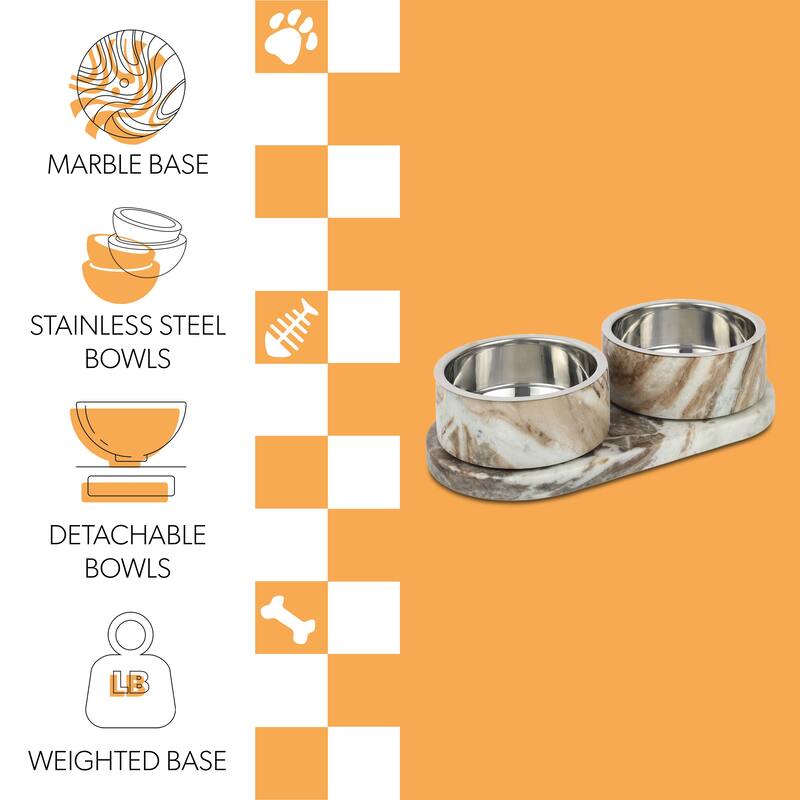 Marbre 12oz Double Pet Bowl Set - Marble & Stainless Steel with Non-Slip Tray