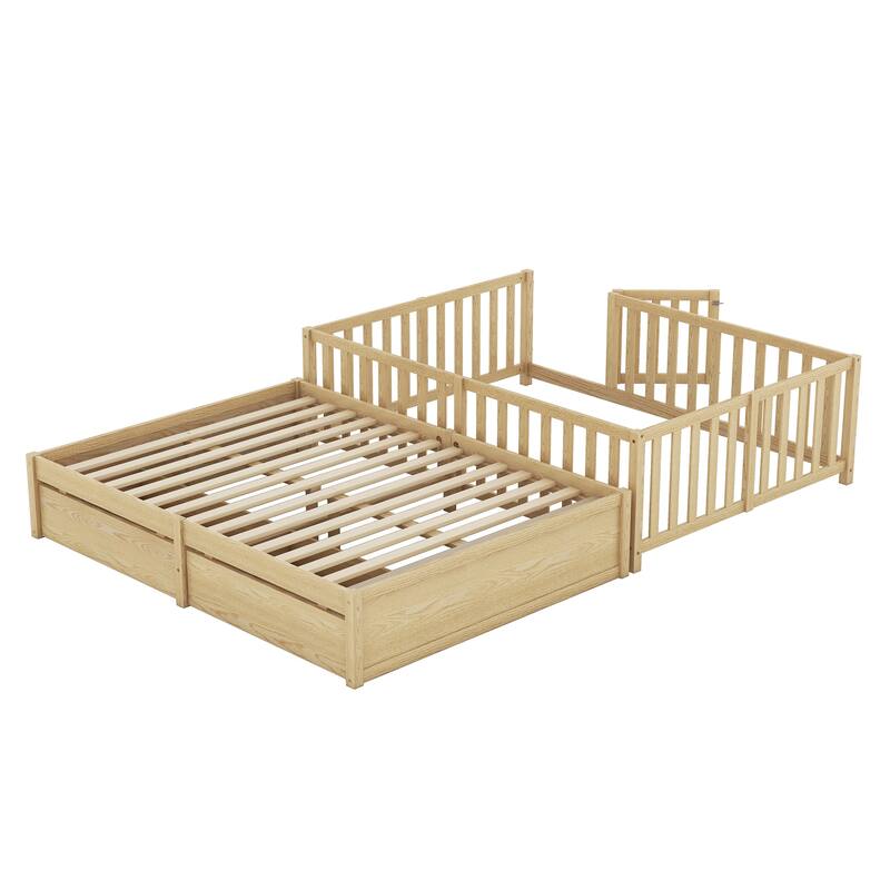 Modern Wood Daybed with Fence Guardrails and 2 Drawers