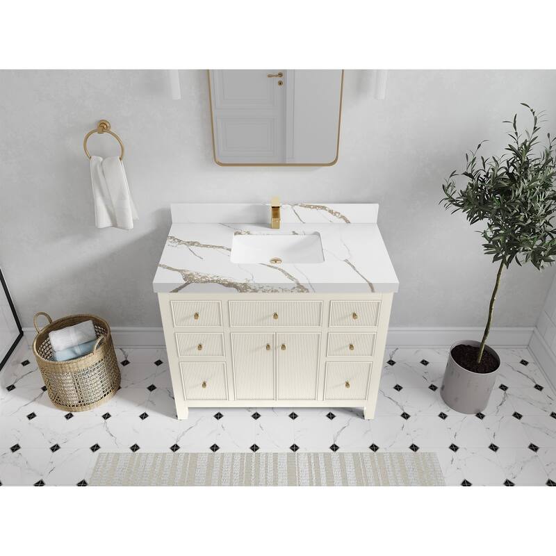 Willow Collections 42 in W x 22 in D Sonoma Free Standing Reeded Single Sink Bathroom Vanity with Countertop - 2”Calacatta Gold - Ivory