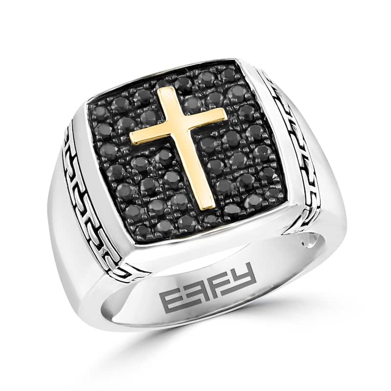 Effy Men's 925 Sterling Silver/18K Yellow Gold ,Black Sapphire Ring