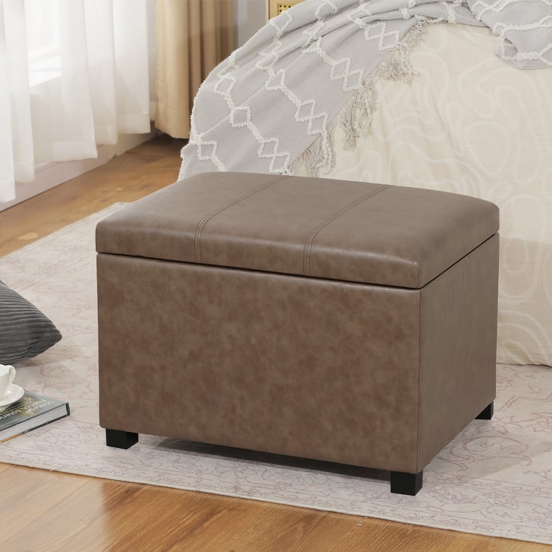 Adeco Faux Leather Storage Ottoman for Living Room Footstool - Light-Brown