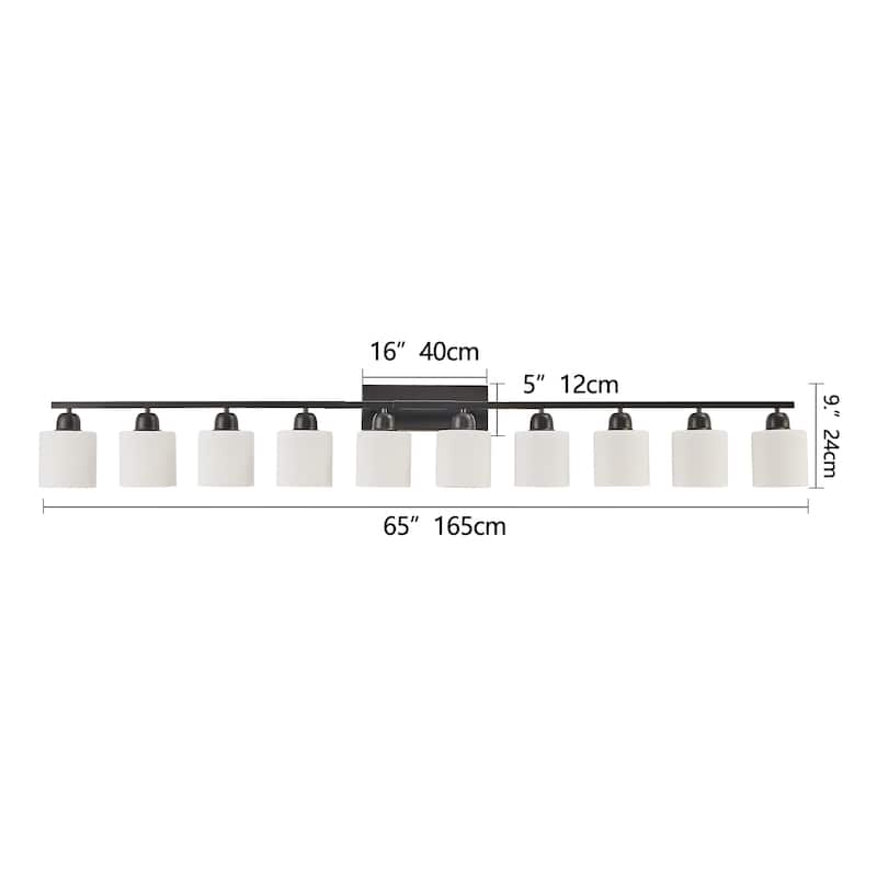 10-Light 65.4" Black Bathroom Vanity - White Glass - Wall Light for Bedroom Mirror