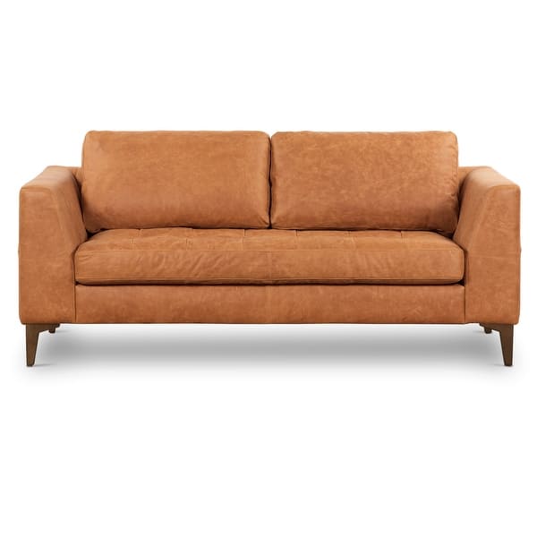 slide 2 of 20, Poly & Bark Calle 75" Genuine Italian Leather Apartment Sofa Cognac Tan/Walnut