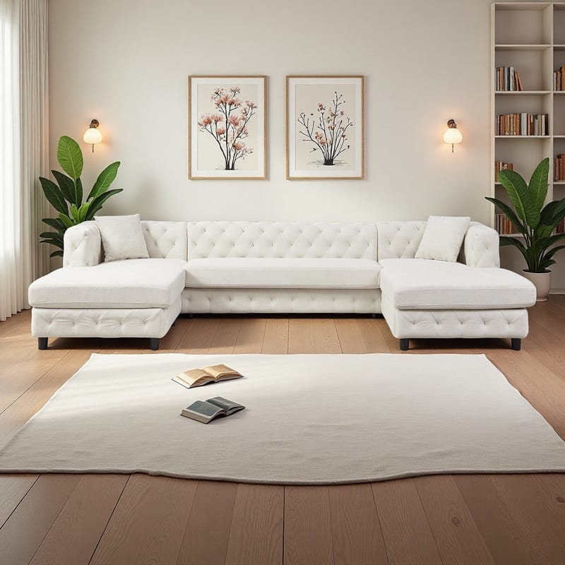 126" Chenille U-Shaped Sectional Sofa with Dual Chaise Lounges and 2 Pillows - Beige