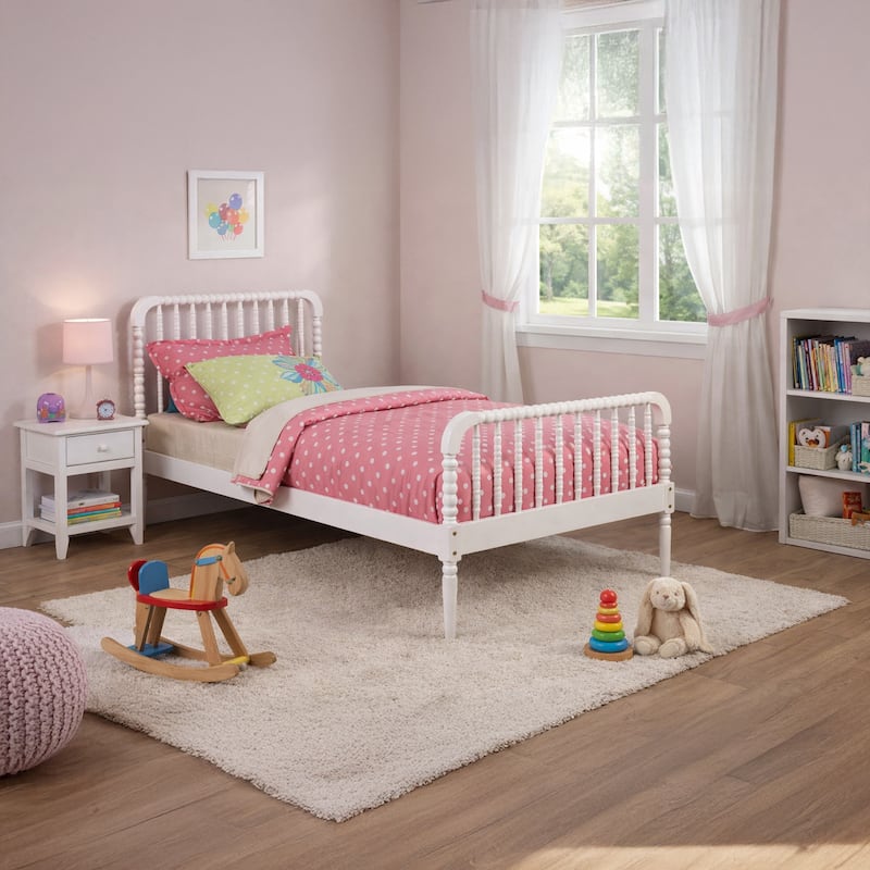 Wooden Twin Bed with Bobbin Style Slatted Headboard and Footboard, White