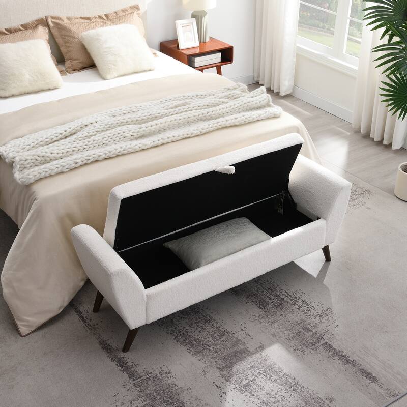 60" Modern Storage Bench with Mid-Century Wood Legs and Padded Seat