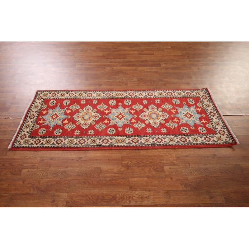 Geometric Red Kazak Oriental Runner Rug Handmade Wool Carpet - 2'2" x 5'7"