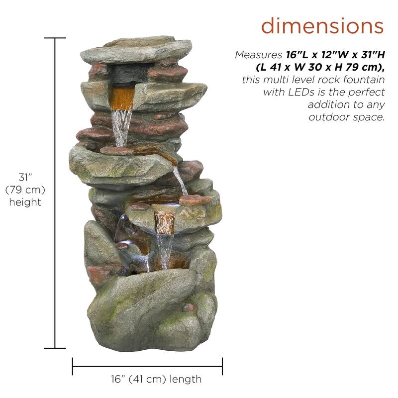 31" Rock Fountain w/ LED, Outdoor Cascading Feature, Gray