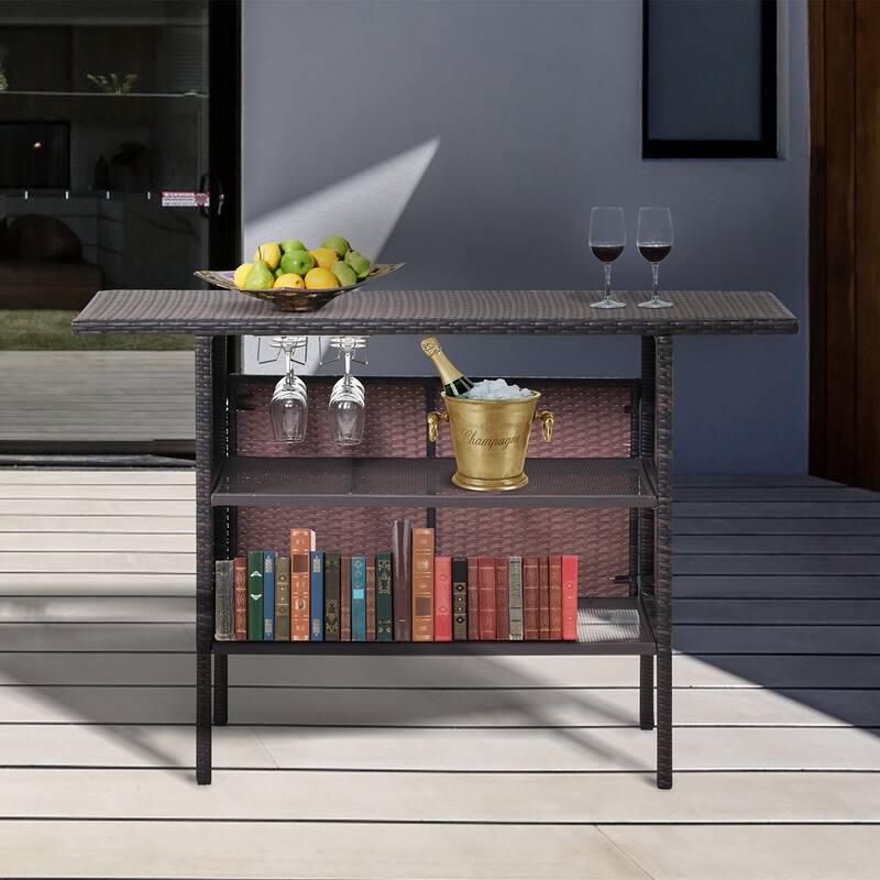 Outdoor Wicker Bar Patio Rattan Counter Table with 2 Steel Shelves