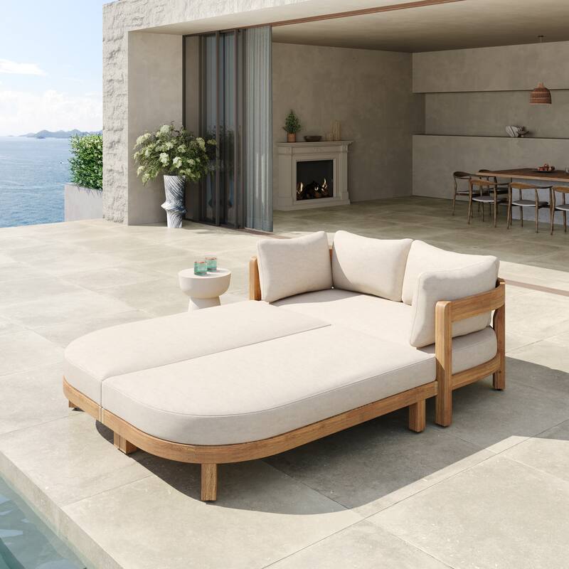 Scott Living Donovan Outdoor Acacia Wood Daybed with Cushion - Teak Finish+Beige Cushion