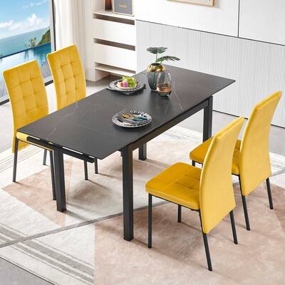 5-Pieces Functional Retractable Ceramic Table Dining Table Dining Set Including Yellow Velvet High Back Black Color Legs