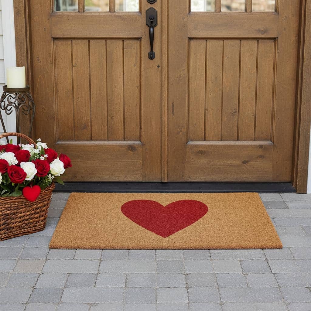 HomeRoots 36" X 72" Brown And Red Heart Outdoor Coir Door Mat - 36.00' X '72.00