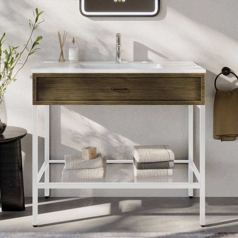 Ansel Freestanding Bathroom Vanity with Single Sink, One Glass Shelf, Metal Legs - 36 inch White