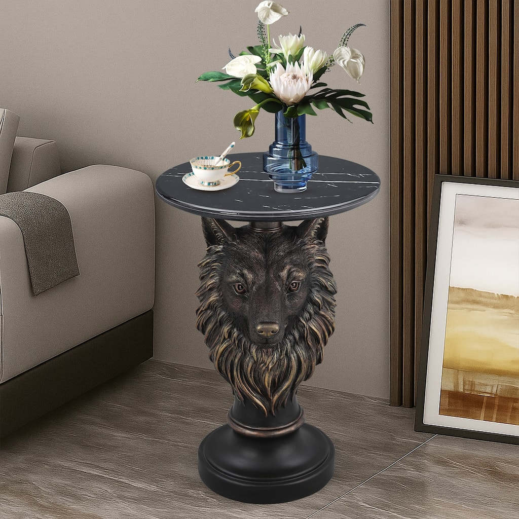 GDFStudio - Wolf Head Accent End Table Resin Animal Statue with Faux Marble Tabletop