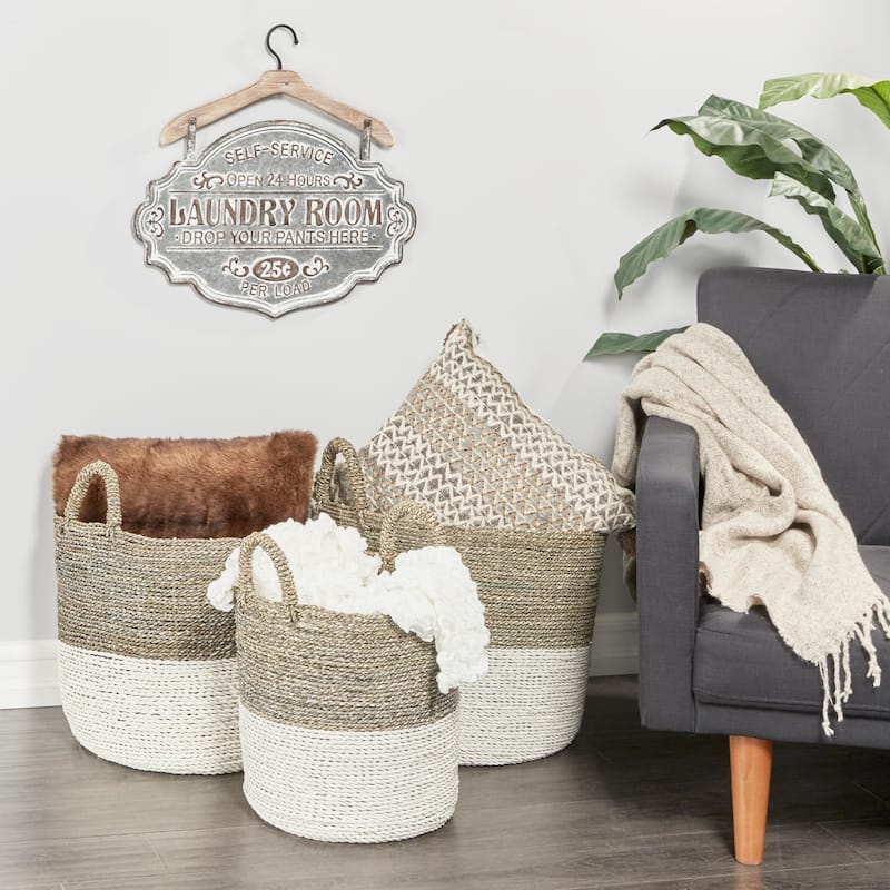 Seagrass Handmade Two Toned Storage Basket with Handles - Set of 3 White - Roche River Decor