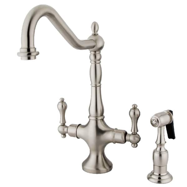 slide 2 of 3, Heritage 2-Handle Kitchen Faucet with Brass Sprayer Brushed Nickel