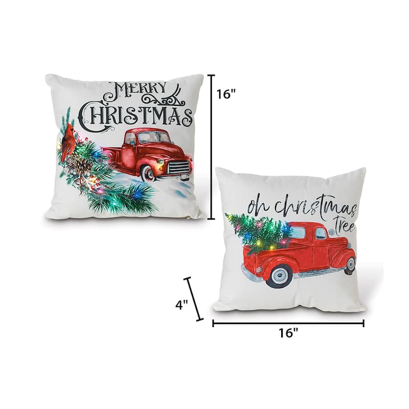 Set of 2 Lighted Fabric and Truck Holiday Throw Pillows with Timer