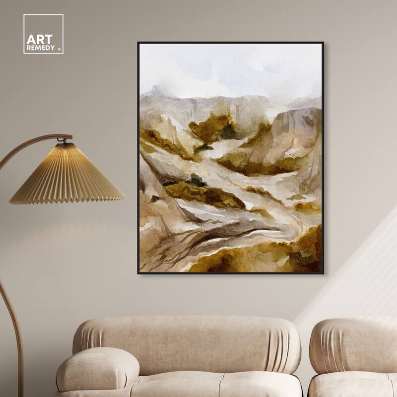 Art Remedy Winter End Rock Mountain Framed Landscape 1 Piece Canvas Wall Art Watercolor Style