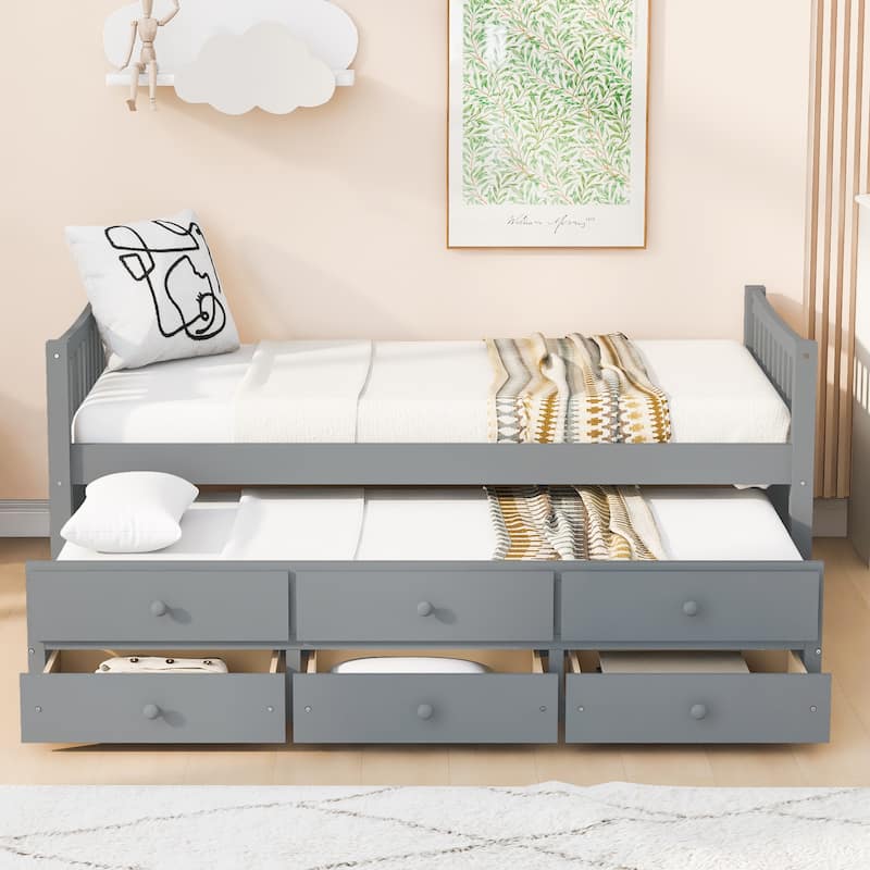 Daybed with Trundle and Drawers Twin Size Modern Wooden Sofa Bed Frame