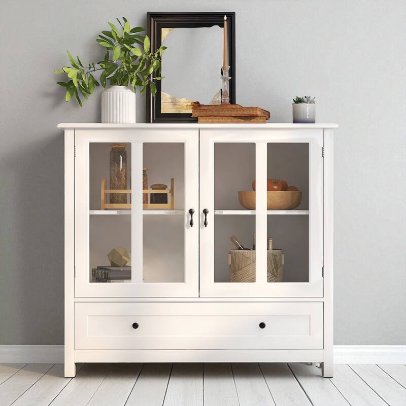 Modern Buffet Storage Cabinet with Double Glass Doors and Bell Handles, Adjustable Shelf and Drawer Organizer - White
