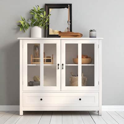 Modern Buffet Storage Cabinet with Double Glass Doors and Bell Handles, Adjustable Shelf and Drawer Organizer
