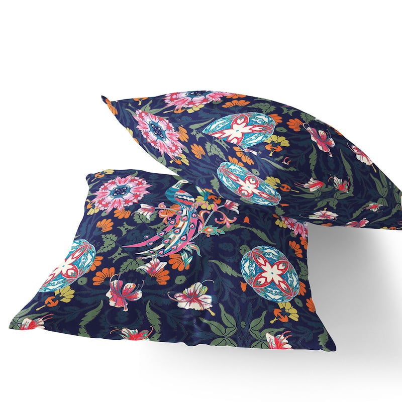 HomeRoots Set of Two 16" X 16" Blue and Pink Peacock Blown Seam Floral Indoor Outdoor Throw Pillow - 16.00' X '16.00' X '5.00