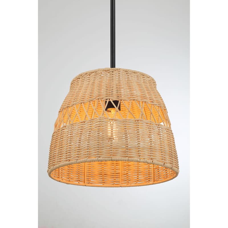Single Lights Pendant With Rattan Shade Black Metal Finish for Farmhouse Style