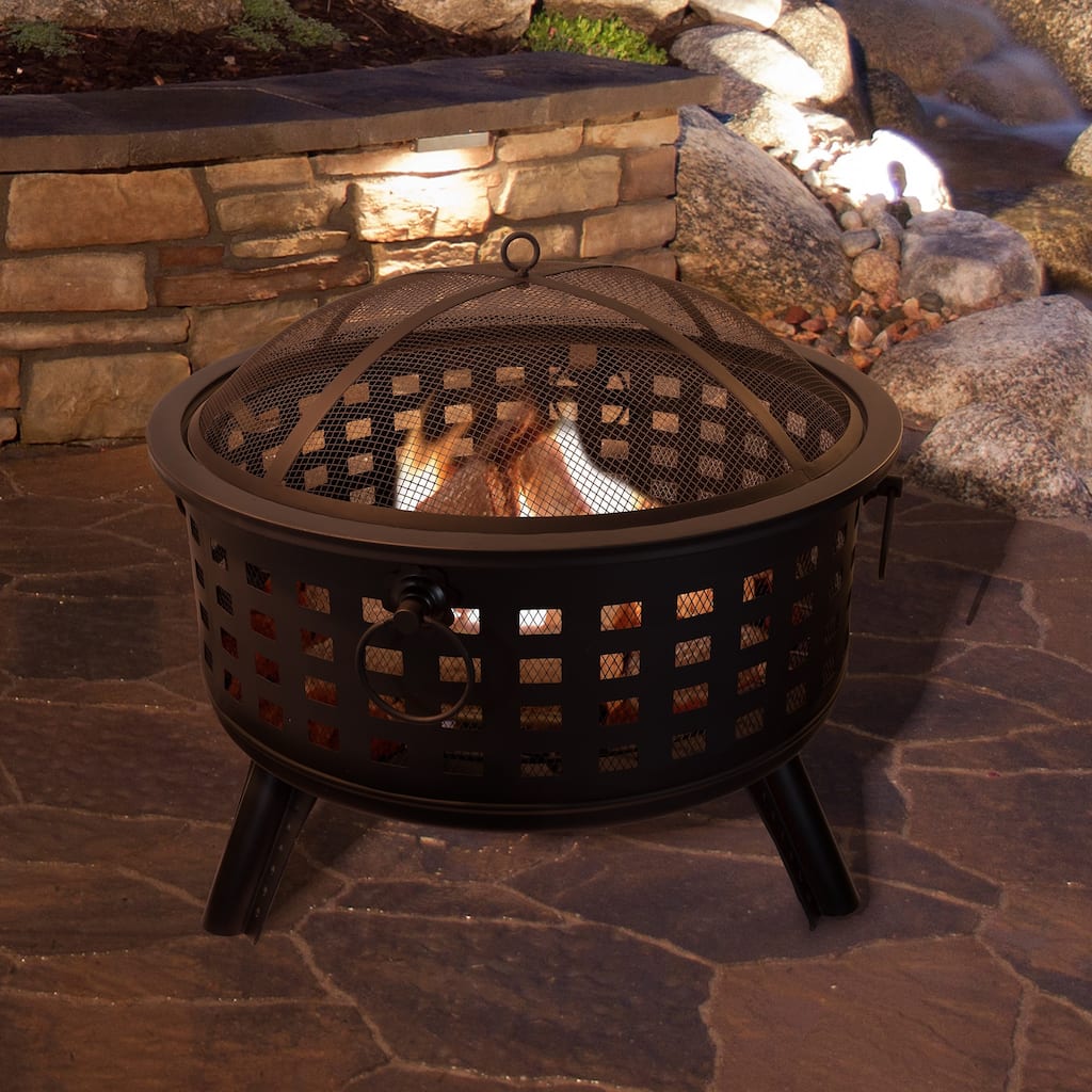 Fire Pit Set, Wood Burning Pit - Includes Spark Screen and Log Poker 26" Round Metal Firepit by Pure Garden - 26 x 26 x 24