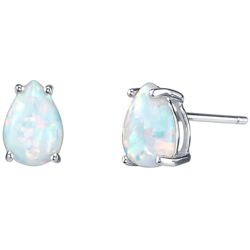 14k White Gold White Opal Stud Earrings 1 ct Pear Shape