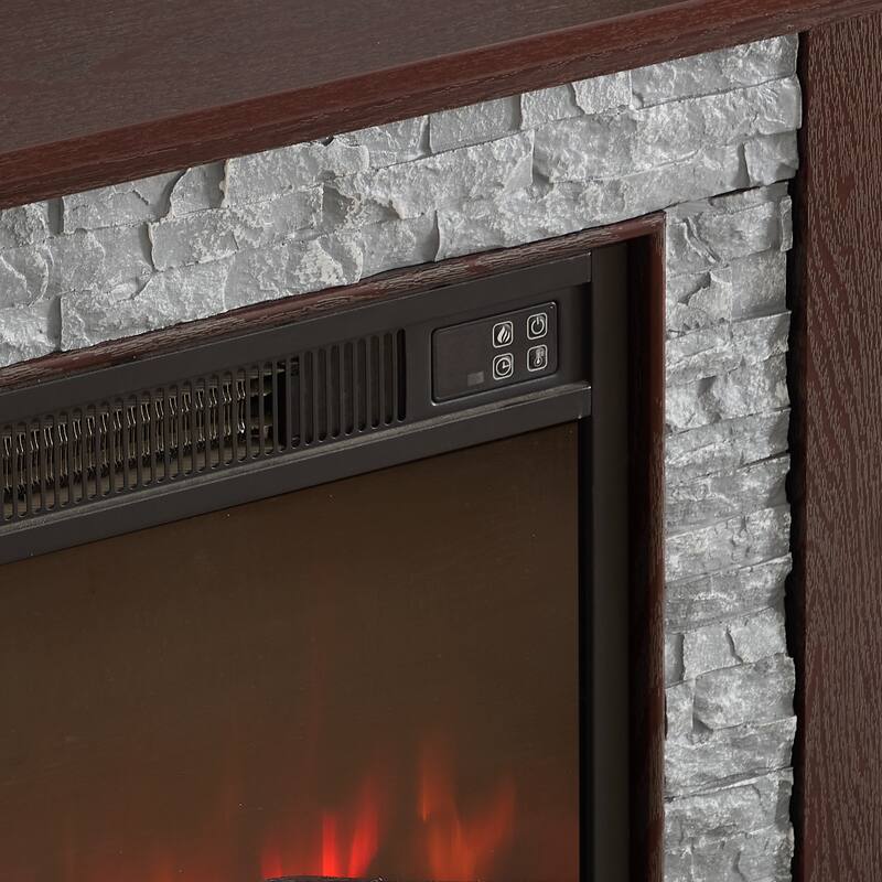 GDFStudio Thatch Wood 70" TV Stand with Faux Stacked Stone Fireplace and 2 Door Storage