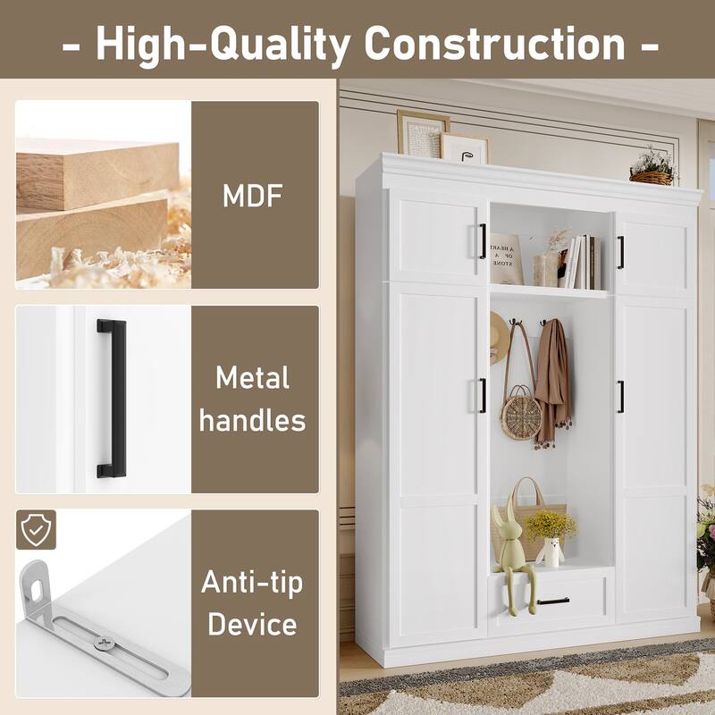 85.2"H Hall Tree with Bench and 3 Hooks, Modern Entryway Storage Organizer Cabinet with 4 Doors
