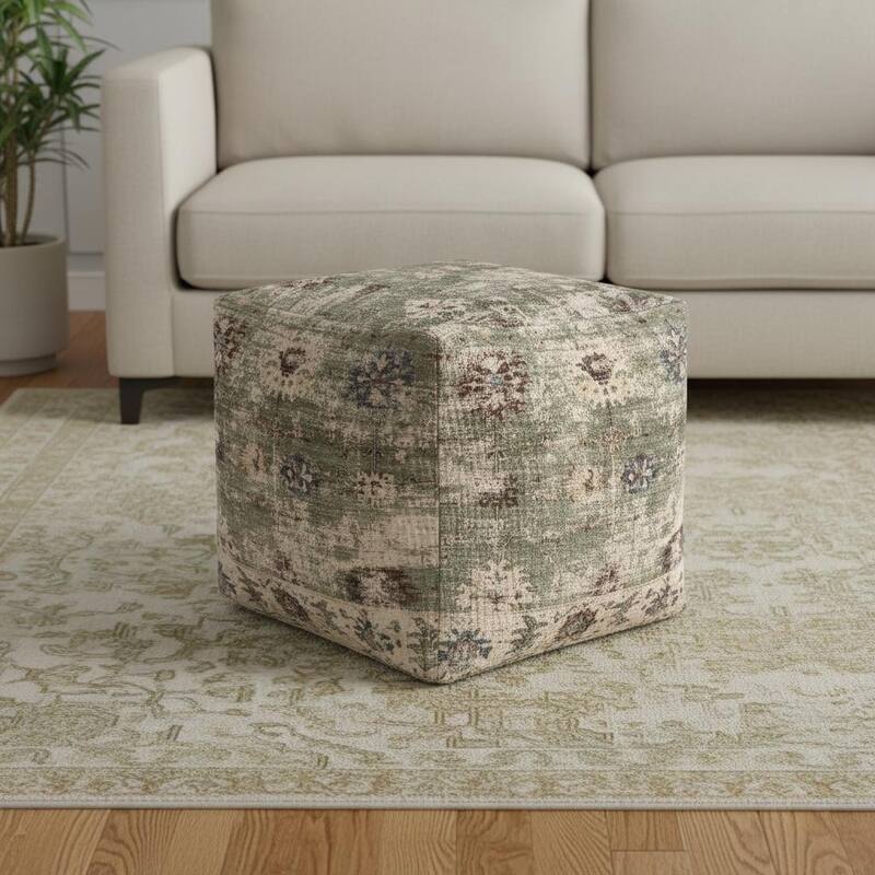 HomeRoots 18" Sage And Ivory Medallion Pouf Ottoman - Sage/Ivory - 18.00 in. x 18.00 in.  x 18.00 in.