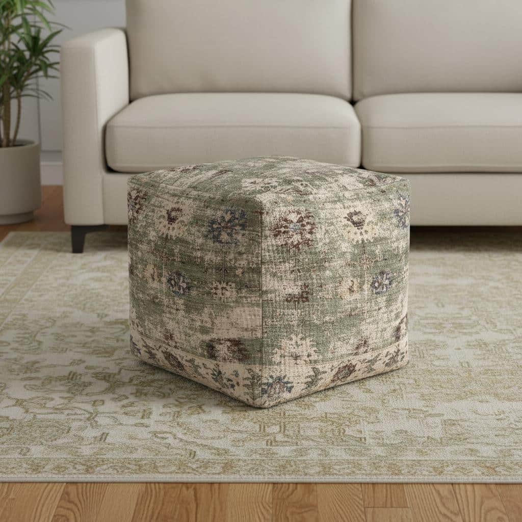 HomeRoots 18" Sage And Ivory Medallion Pouf Ottoman