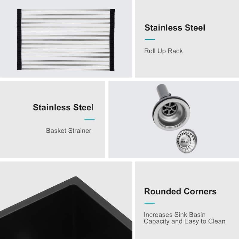 33" Undermount Double Bowl Quartz Kitchen Sink in Black - 33'' x 19'' x 10.33''