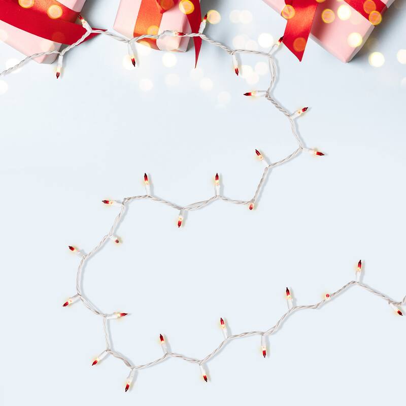 Mini Christmas Light Set - Clear with Red Tips - 10' White Wire - 50ct