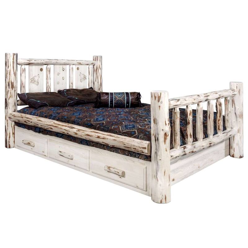 California King Storage Bed - Rustic Wolf Design, Ready to Finish - Log Style Bed Frame