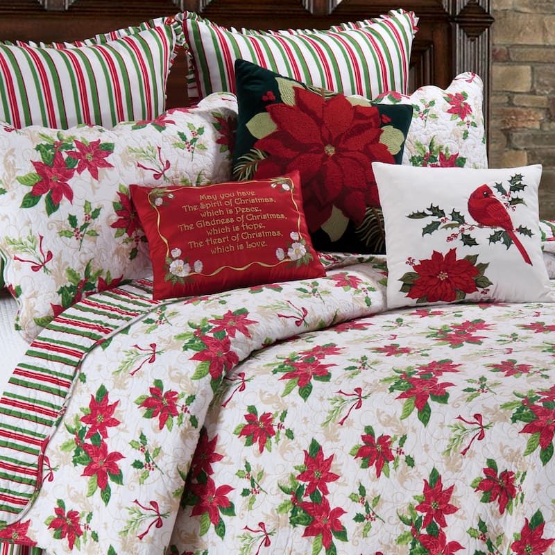 Holly Poinsettia Full/Queen 3 Piece Quilt - White