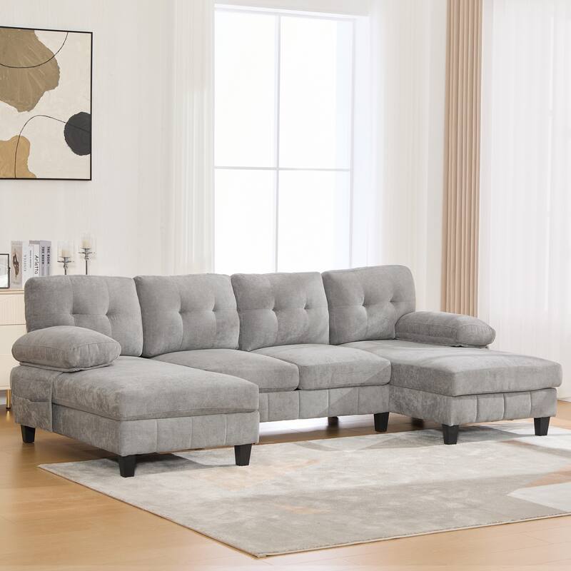 103.5" Chenille Fabric Couch U-Shaped Sectional Sofa with Dual Chaise Lounges, Storage Pockets and Armrest Pillows - Grey