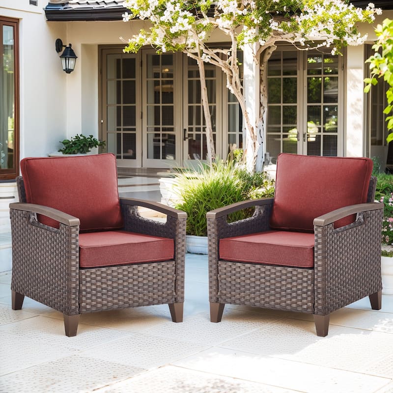 High Back Outdoor Patio Chairs Red Cushion - Brwon Wicker Grey Cushion