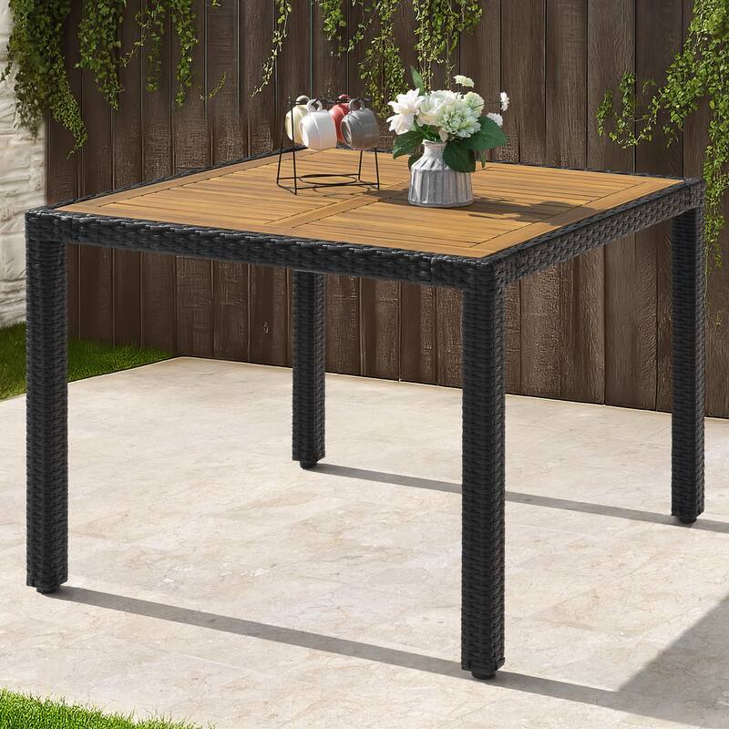 Patio Dining Table, Acacia Wood Top, PE Rattan-Wrapped Metal Frame, Black