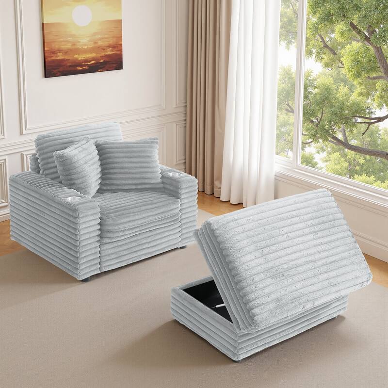 Oversized Cotton Flannel Chaise Longue with Storage Ottoman