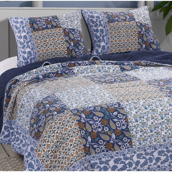 3 Piece Cotton Full Size Quilt Set With Leaf Print Blue And White Overstock 31763235