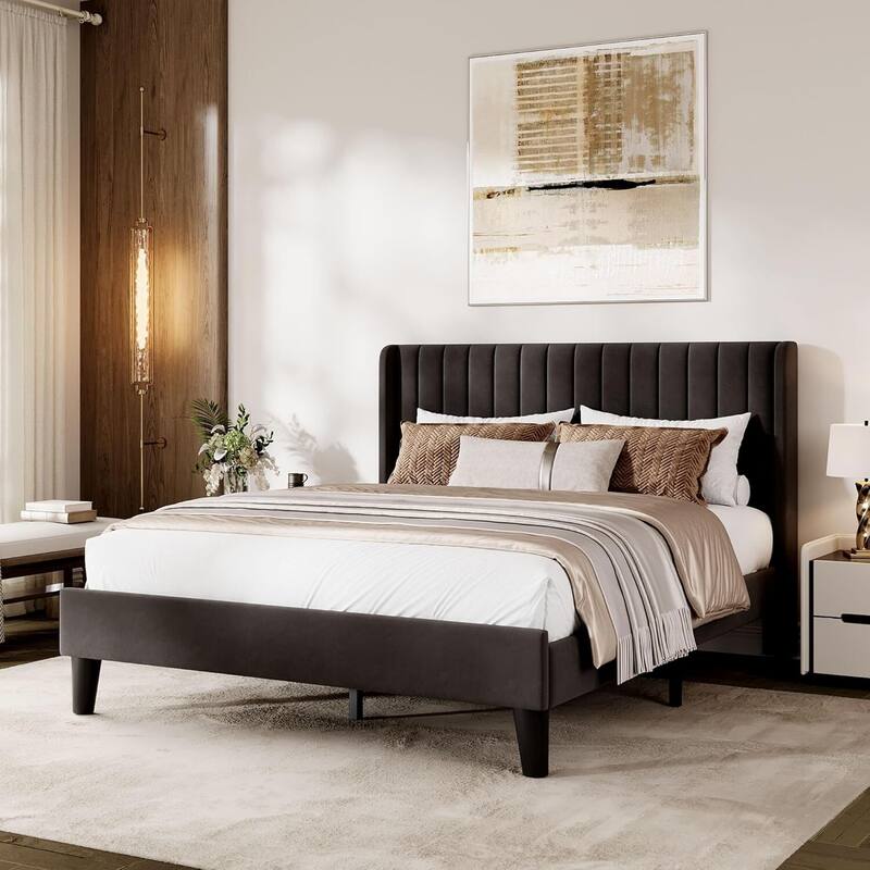 Velvet Upholstered Platform Bed Frame with Tufted Wingback Headboard, No Box Spring Needed - Black - Full