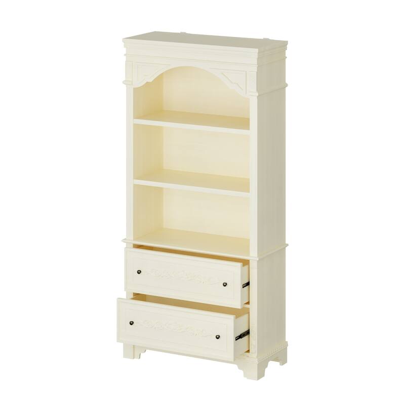 Vintage White Display Cabinet with Shelves and Drawers, Antique Bronze Handles, Hand-Rubbed Finish, Elegant Bookshelf