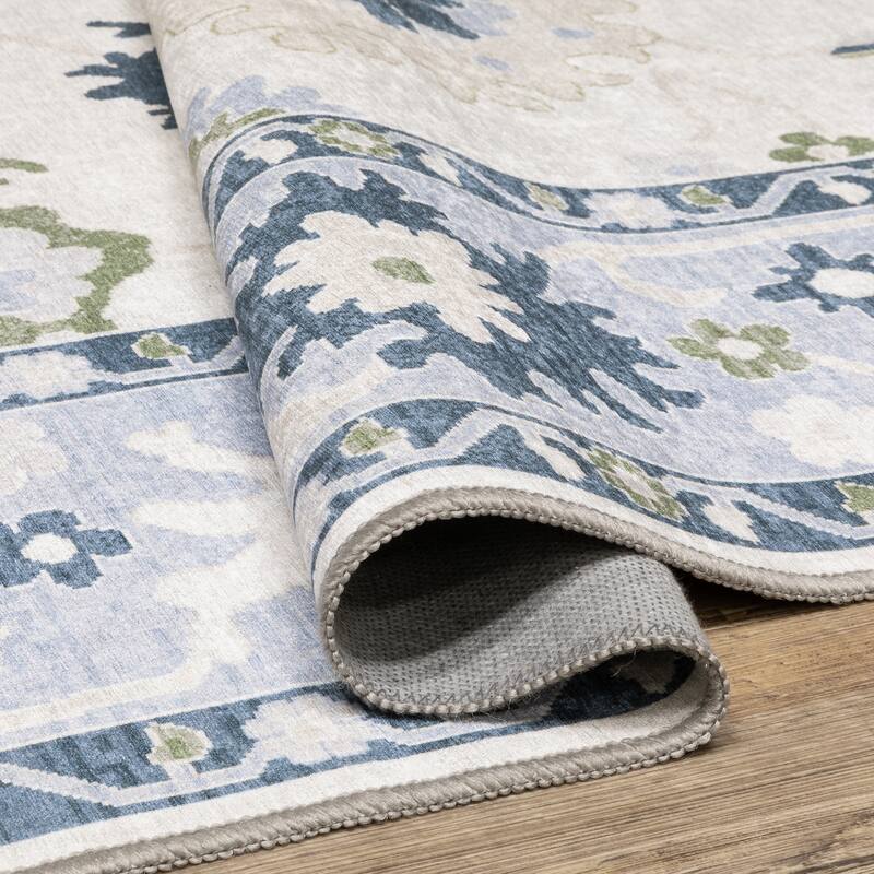Ainsley Floral Traditional White/Blue Printed Washable Flat Pile Area Rug
