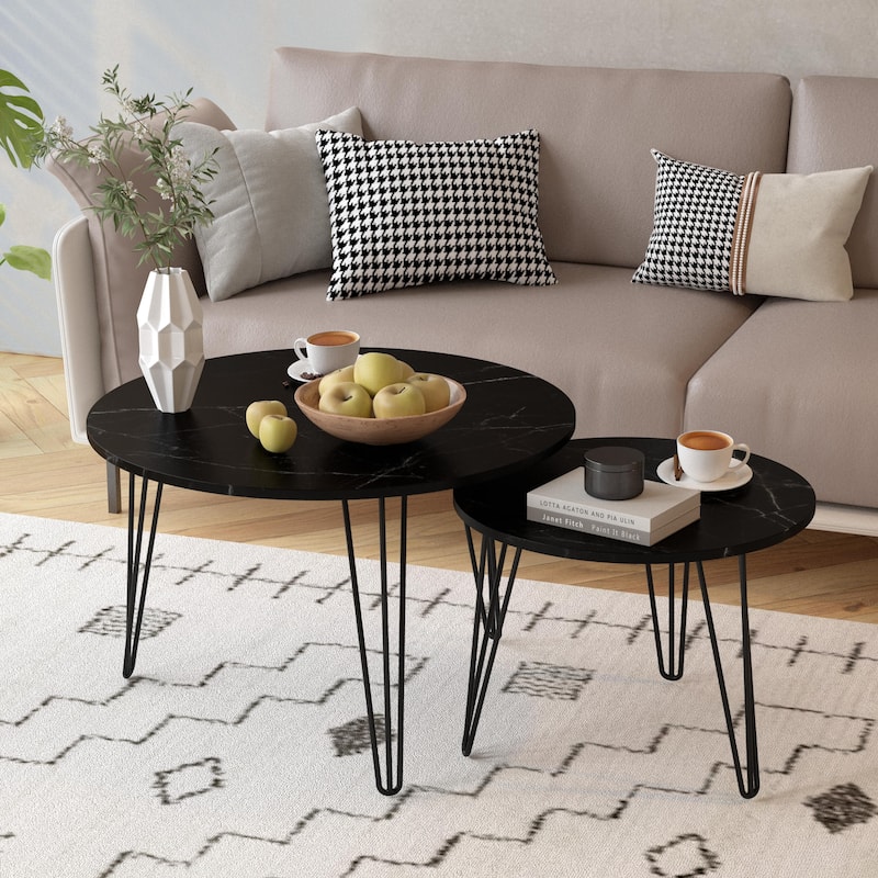 Anmytek Set of 2 Nesting Round Coffee Tables with Marble Effect Top & Hairpin Legs, Black Industrial Modern Side Tables