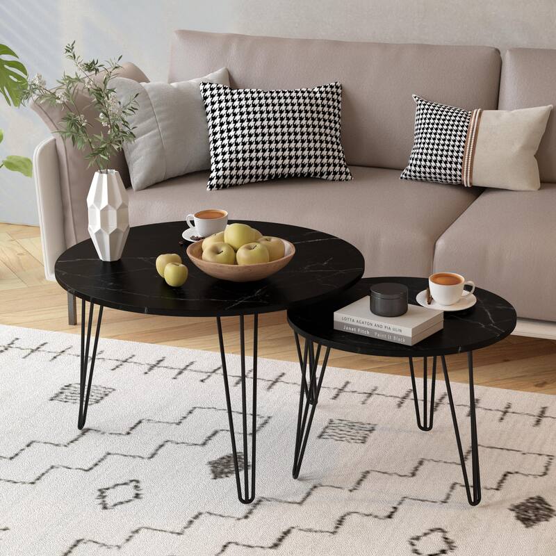 Round Nesting Table Black End Table Sofa Side Table Set of 2