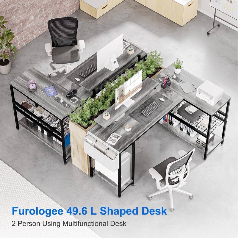 L Shaped Computer Desk with Power Outlets & LED Light, 49.6" Reversible Corner Computer Desk